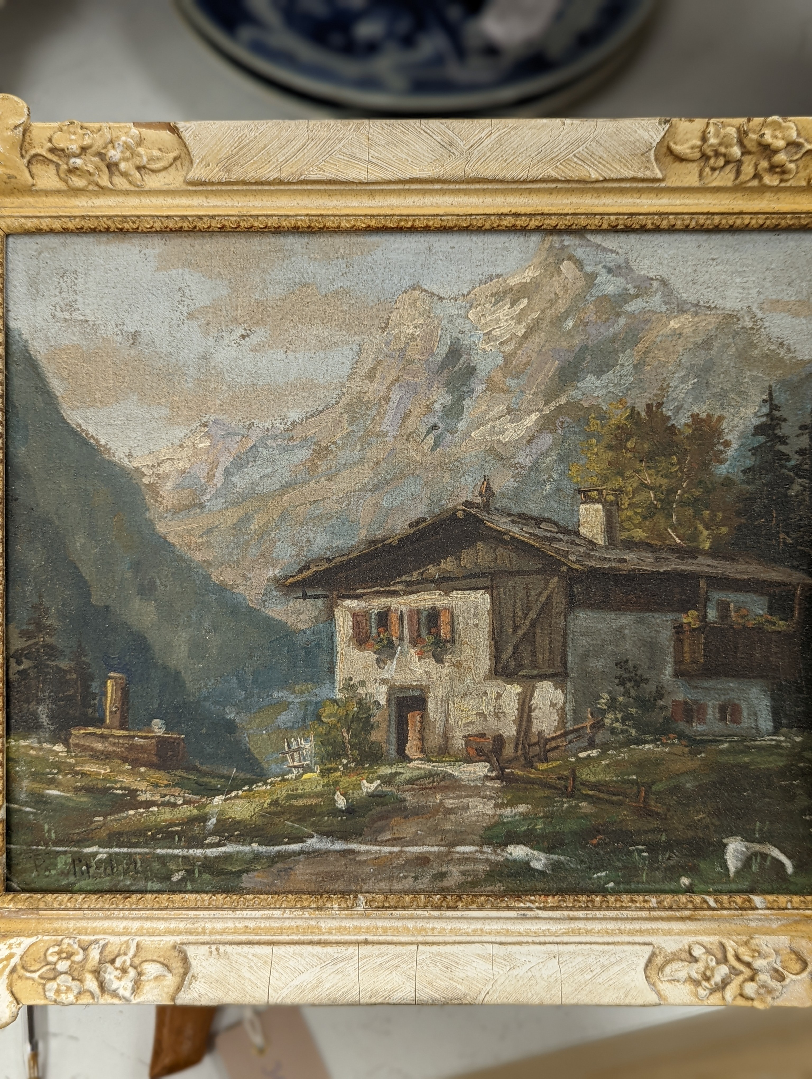 Pierre Le Boeff, watercolour, Continental street scene, signed, 27 x 12cm and an oil on card of an Alpine chalet, 20 x 24cm